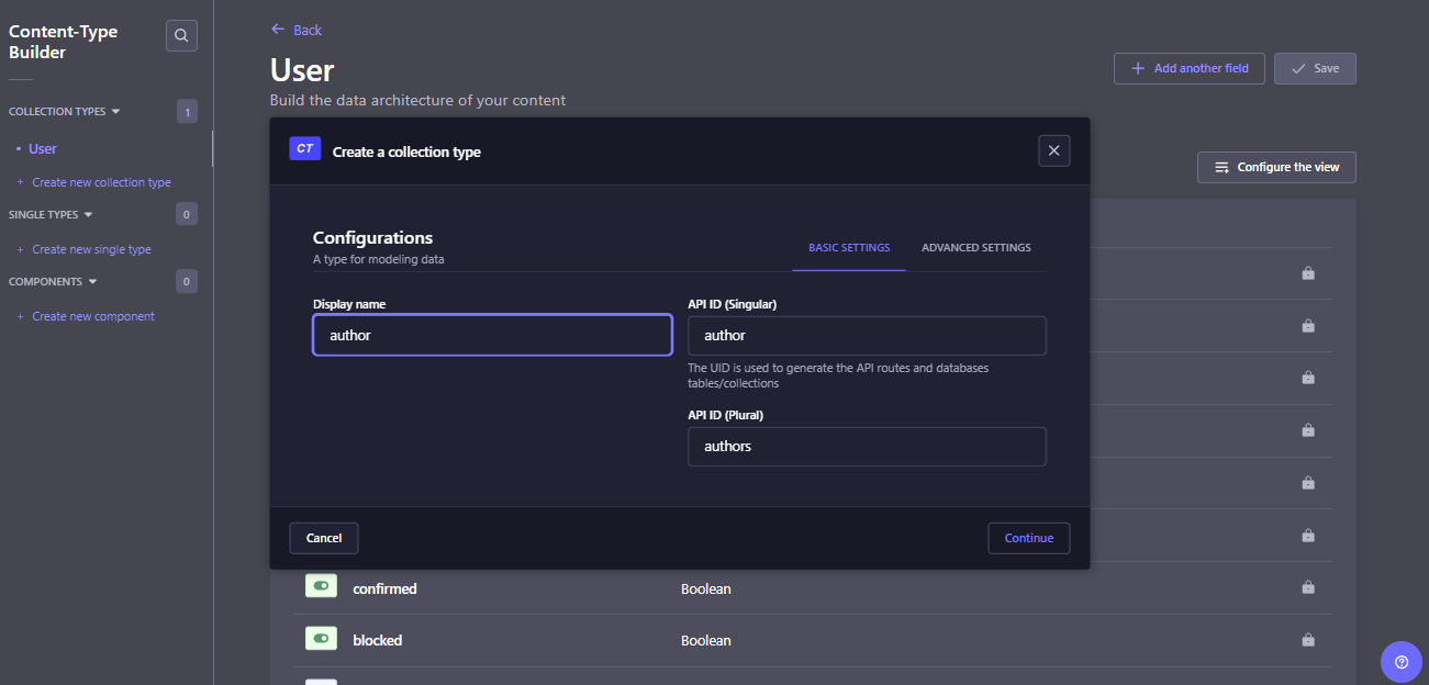 Buat content type author dengan builder