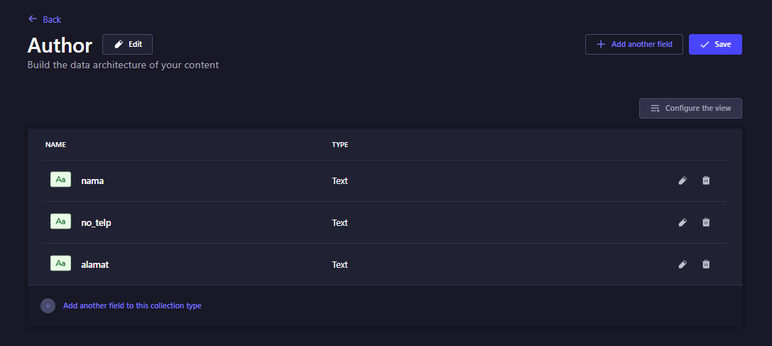 Fields untuk Author model